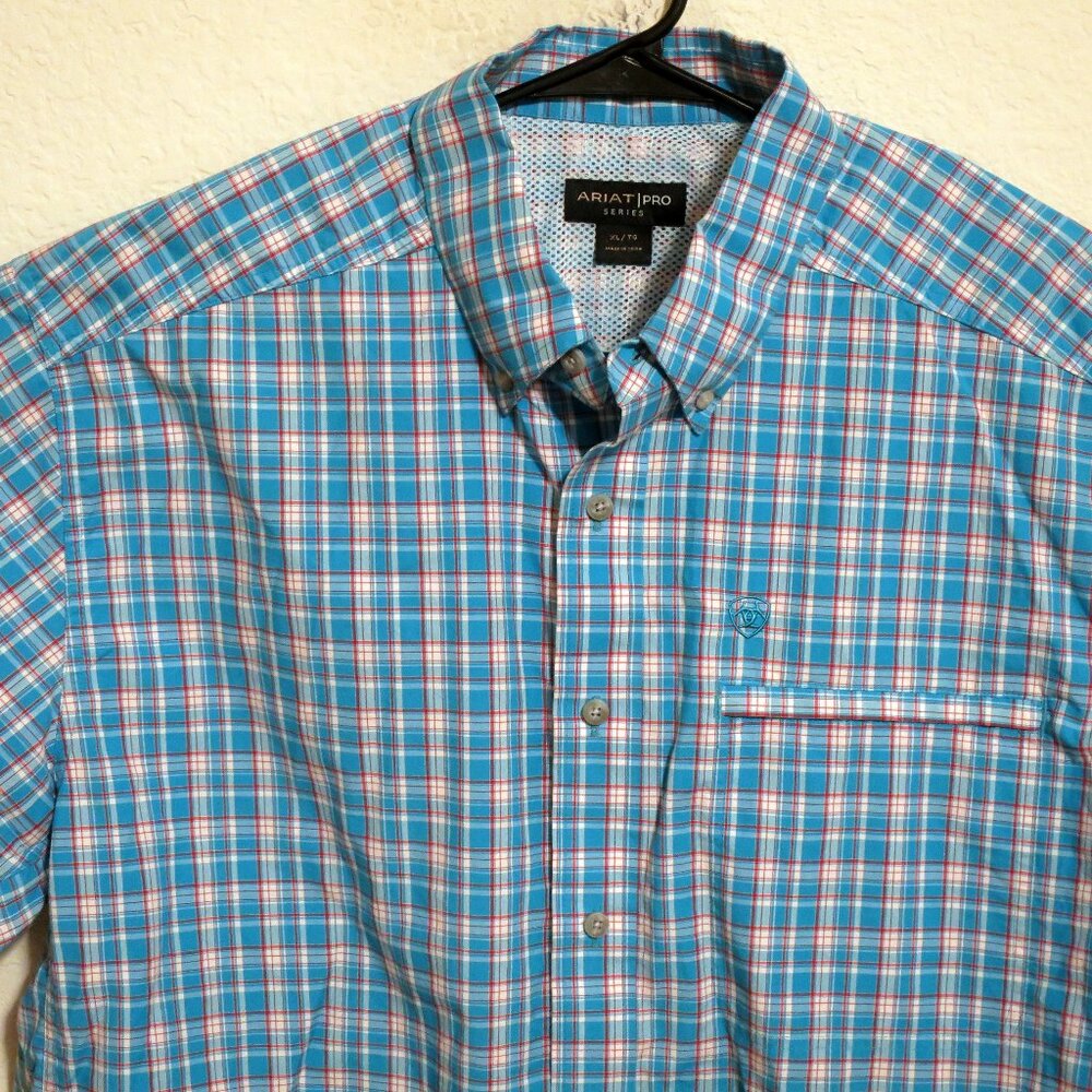 Ariat Shirt Mens XL Short Sleeve Button Western Blue White Red Striped Vented